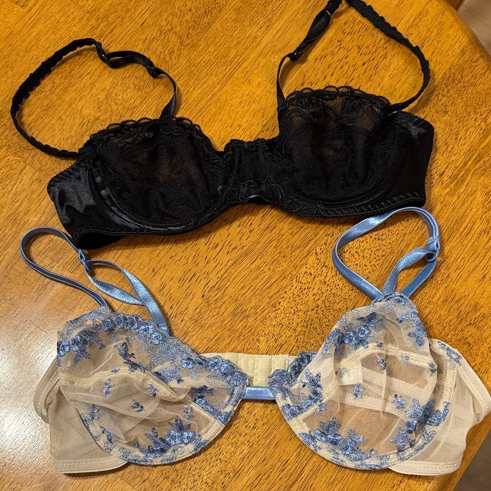 Vintage Secret Treasures Blue/Tan and Lovable Black Sheer Lace Bras—size 36B